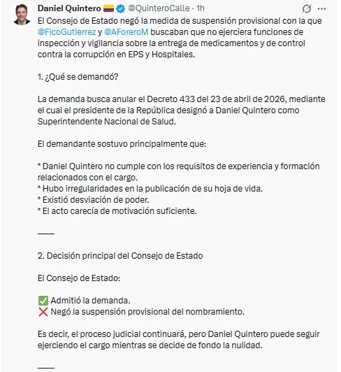 Consejo de Estado revisará demanda contra el nombramiento de Quintero en la SuperSalud
