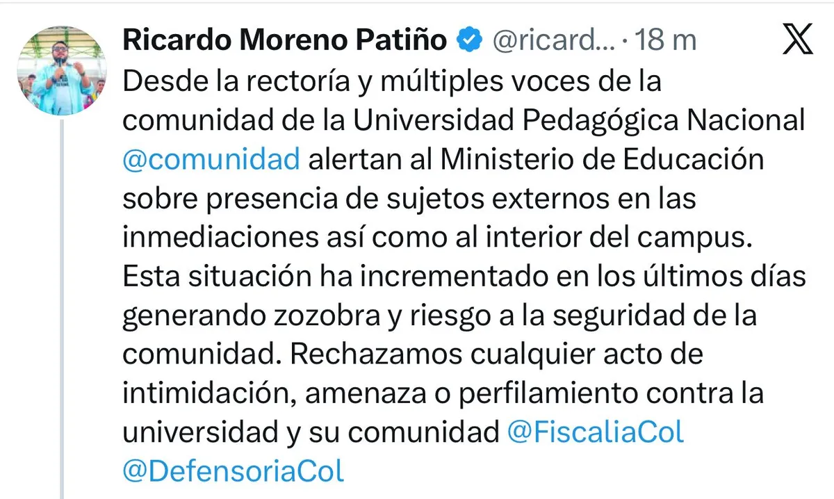 Universidad Pedagógica suspendió clases presenciales tras denuncias sobre presencia de personas armadas y ajenas al campus
