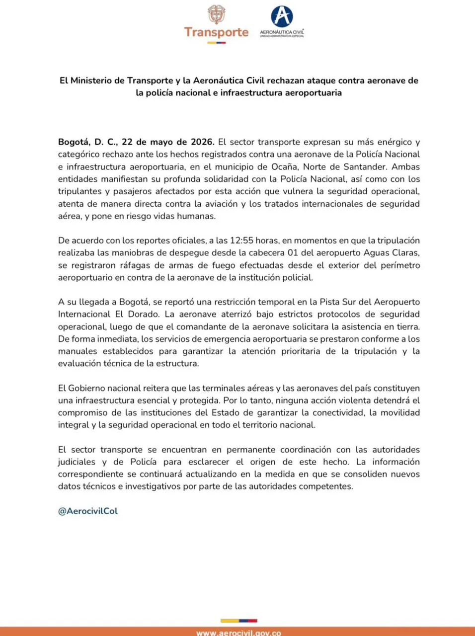 Disparos contra avión de la Policía en Ocaña dejaron tres uniformados heridos