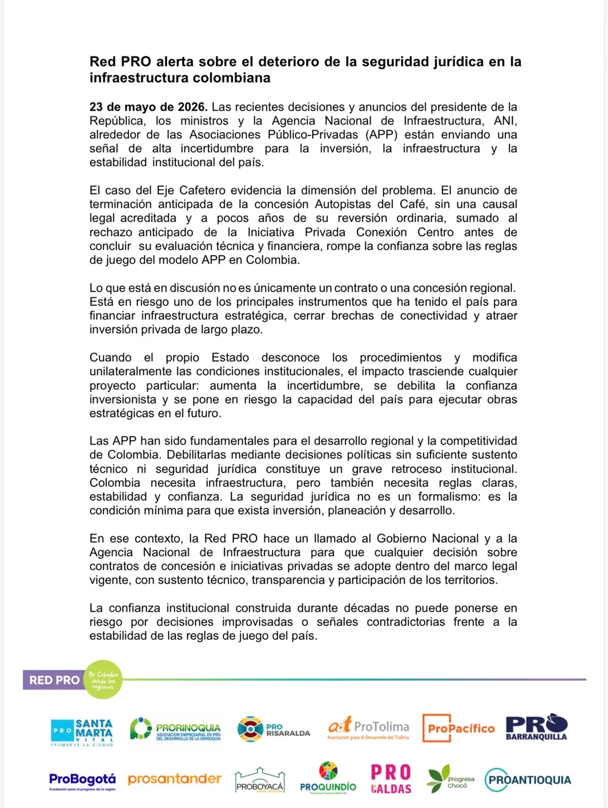 Red PRO advierte sobre incertidumbre jurídica en proyectos de infraestructura y concesiones en Colombia