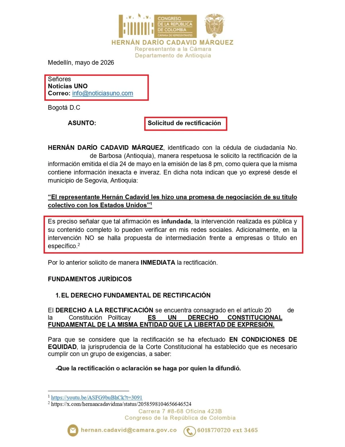 Hernán Cadavid pidió rectificación a Noticias Uno por informe sobre títulos mineros en Segovia