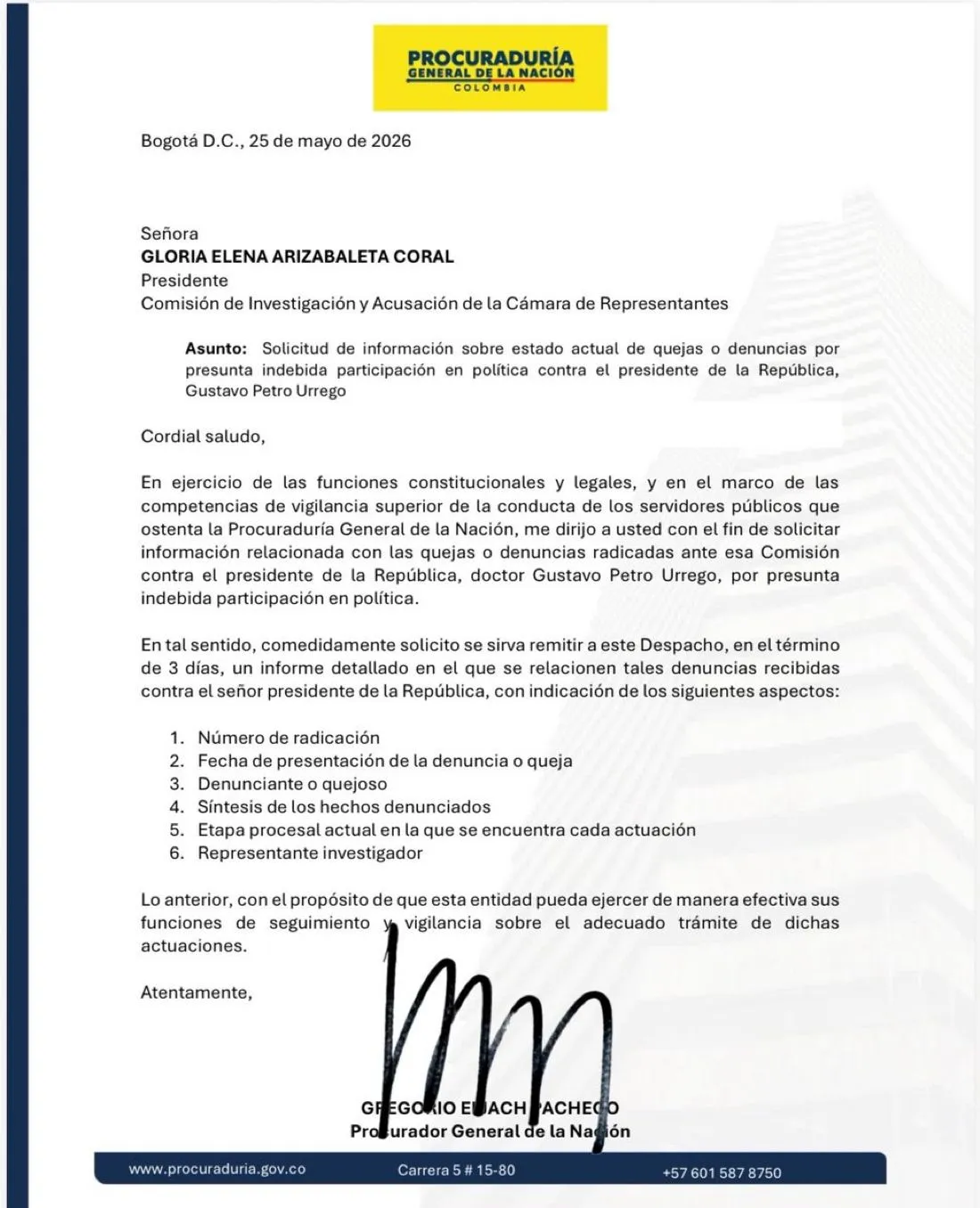 Procuraduría pidió informe a la Comisión de Acusación sobre denuncias contra Gustavo Petro por presunta participación en política