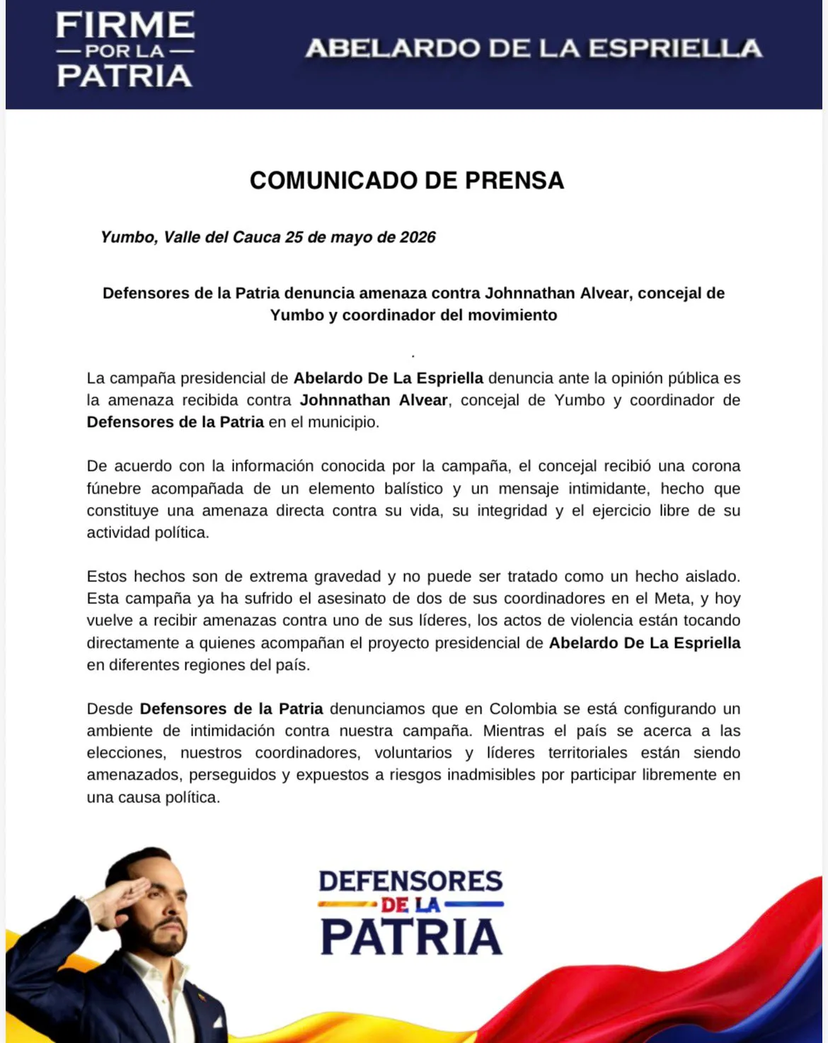Abelardo de la Espriella denunció amenazas contra coordinador de su campaña en Yumbo 