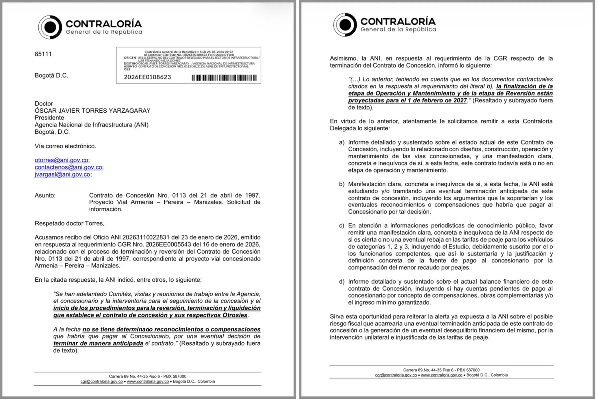 Contraloría exigió respuestas a la ANI por posible reducción de peajes en el Eje Cafetero y alertó sobre riesgos fiscales