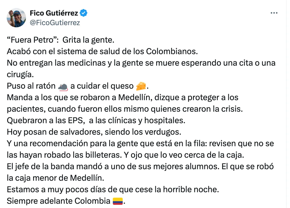 “Acabó con el sistema de salud de los colombianos”: Gutiérrez arremetió contra el Gobierno tras protestas en operativo de medicamentos en Medellín