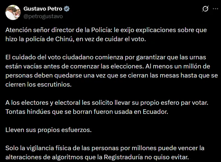 Petro pidió garantizar la transparencia de las urnas y proteger el voto tras denuncias ciudadanas sobre elecciones en Chinú