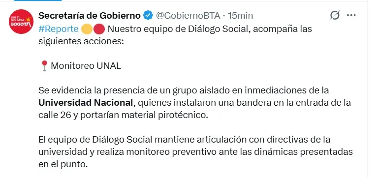 Presencia de encapuchados en la Universidad Nacional generó tensión y afectaciones en la movilidad de Bogotá
