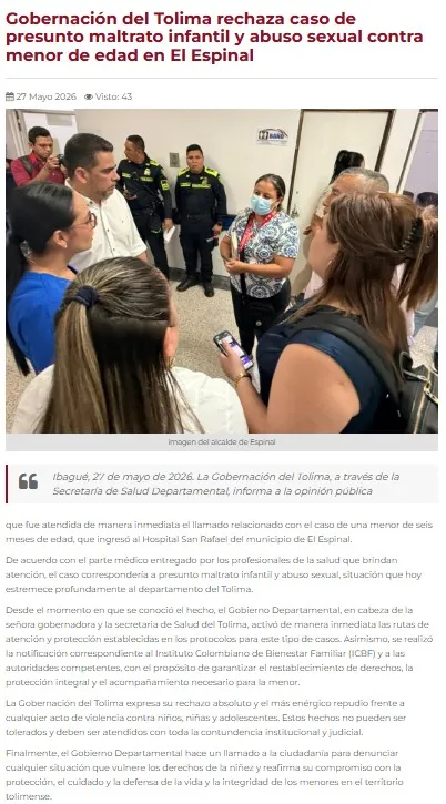 Buscan a presunto implicado en caso de bebé de 6 meses fallecida tras llegar a hospital del Tolima con señales de abuso sexual
