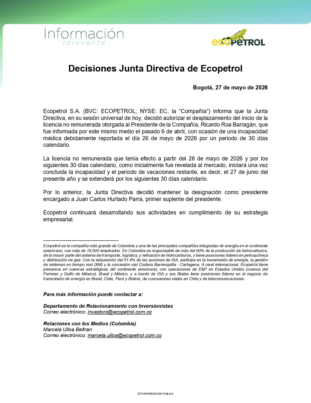 Ecopetrol aplazó licencia no remunerada de Ricardo Roa por incapacidad médica