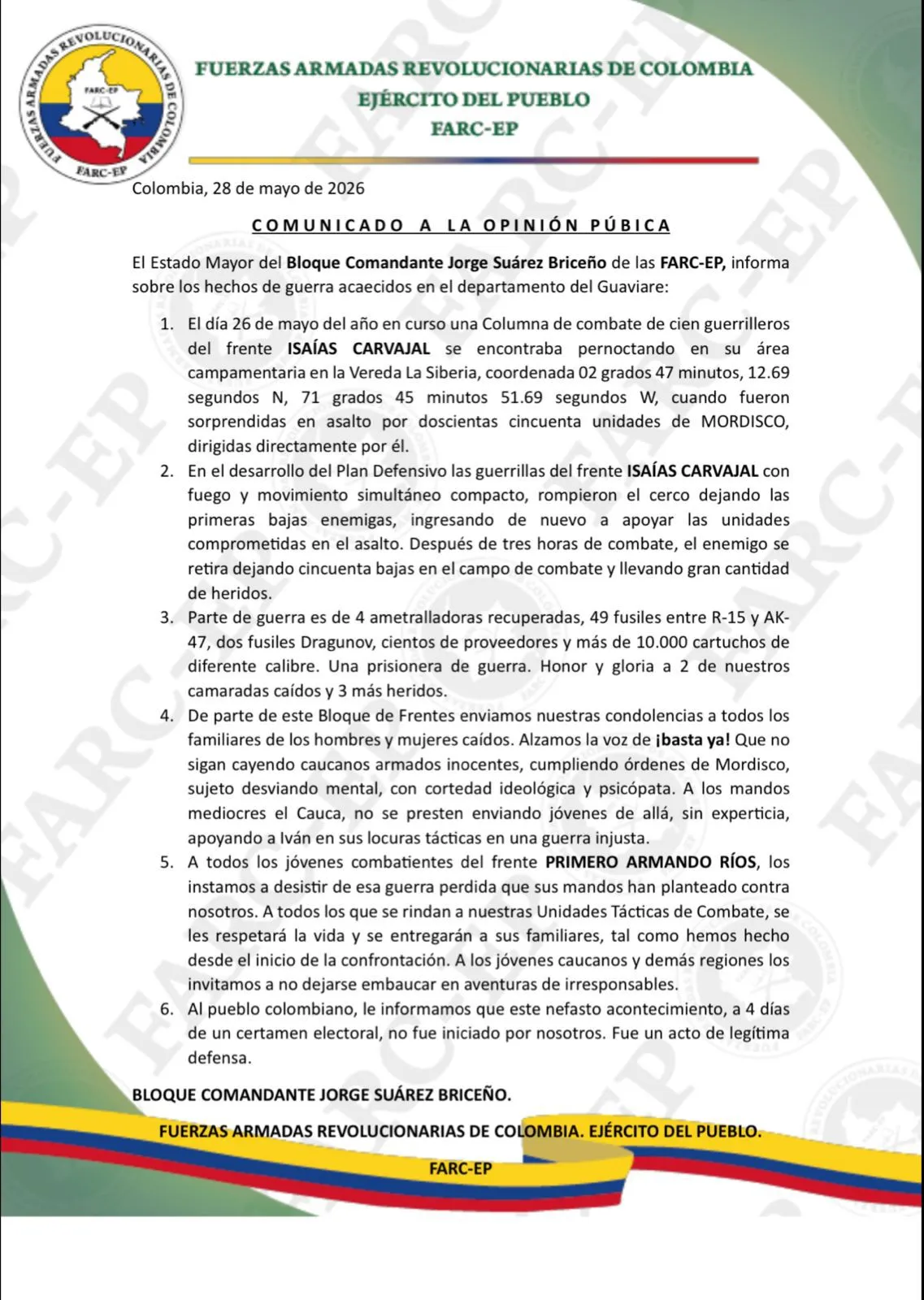Comunicado de las FARC-EP aseguró enfrentamiento con disidencias de “Iván Mordisco” en Guaviare