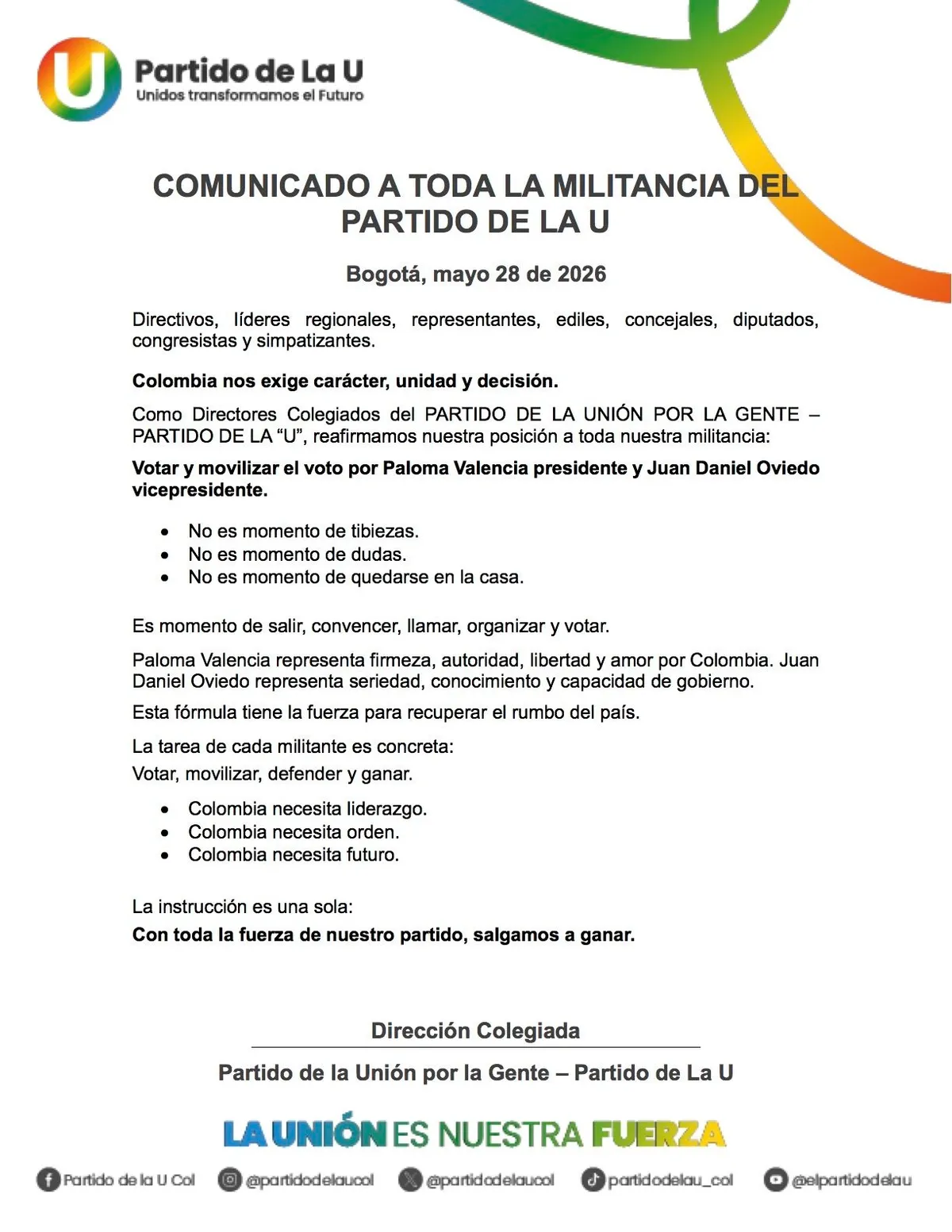 Partido de La U oficializó respaldo a Paloma Valencia y Juan Daniel Oviedo para las presidenciales