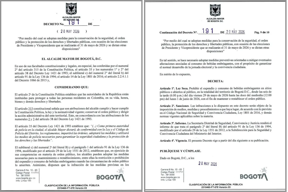 Bogotá adelantó la ley seca y el resto del país aplicará restricciones desde este sábado por elecciones presidenciales