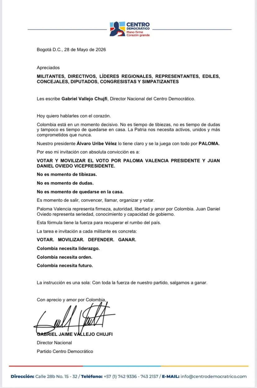 Carta del Centro Democrático agita el panorama político: llamado abierto a respaldar fórmula Valencia–Oviedo