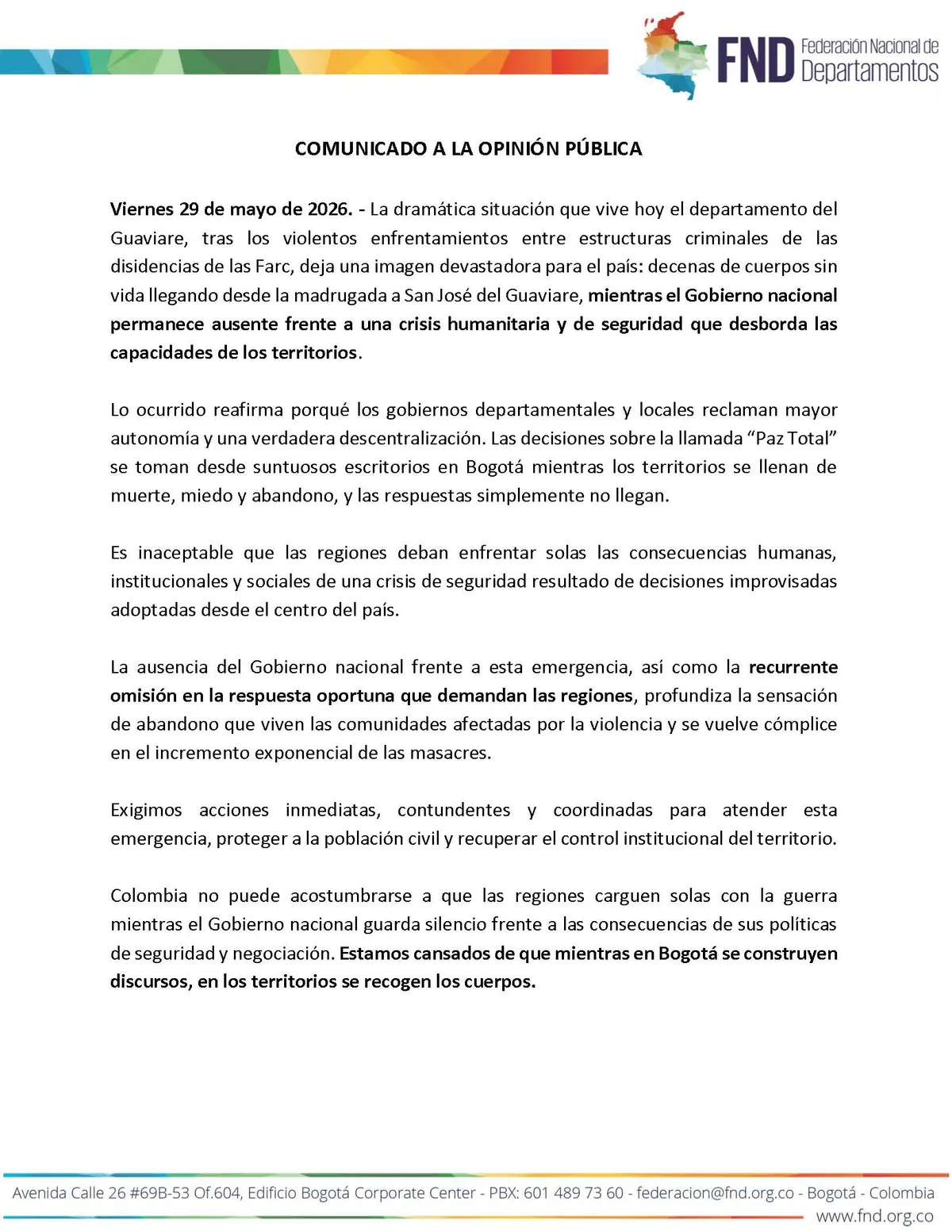 Federación de Departamentos pidió acciones del Gobierno tras enfrentamientos armados en Guaviare