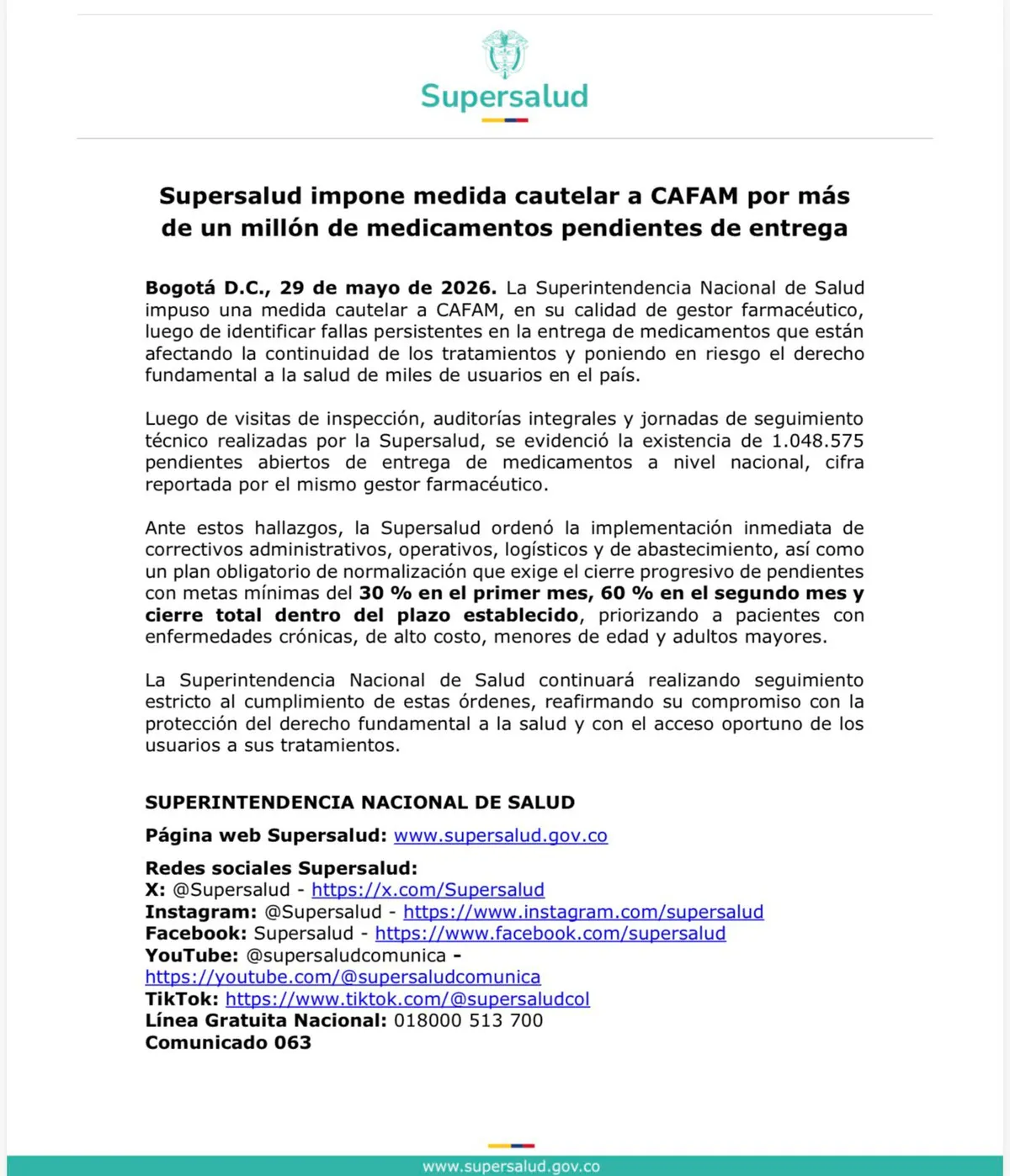 Supersalud ordenó a CAFAM normalizar entrega de más de un millón de medicamentos pendientes