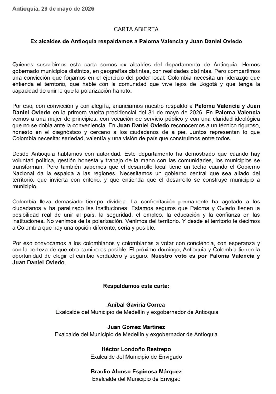 114 exalcaldes de Antioquia anuncian respaldo a Paloma Valencia y Juan Daniel Oviedo para la Presidencia a horas de las elecciones 