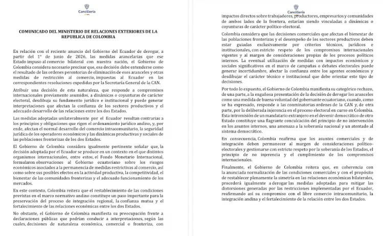  Cancillería responde tras anuncio sobre aranceles entre Colombia y Ecuador y rechaza que haya sido un triunfo de Abelardo de la Espriella