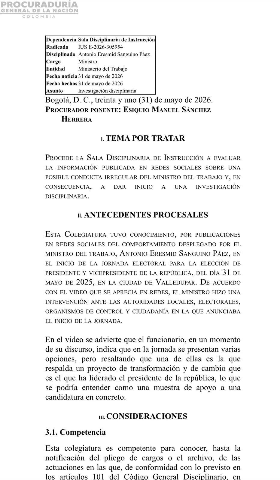 Procuraduría abrió investigación disciplinaria contra el ministro de Trabajo por presunta intervención en jornada electoral