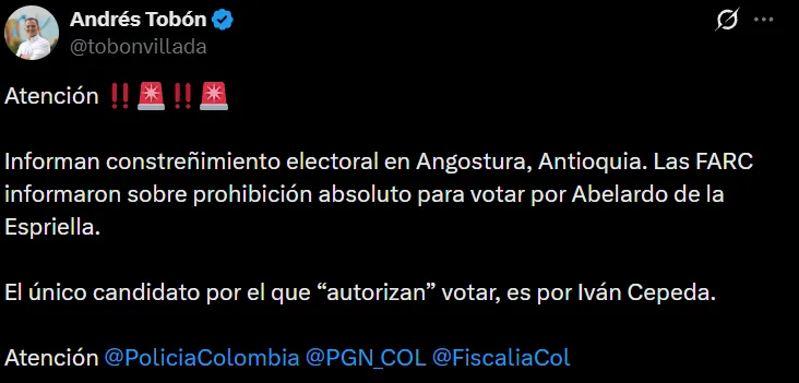 Concejal Andrés Tobón denunció presunto constreñimiento electoral en el municipio de Angostura