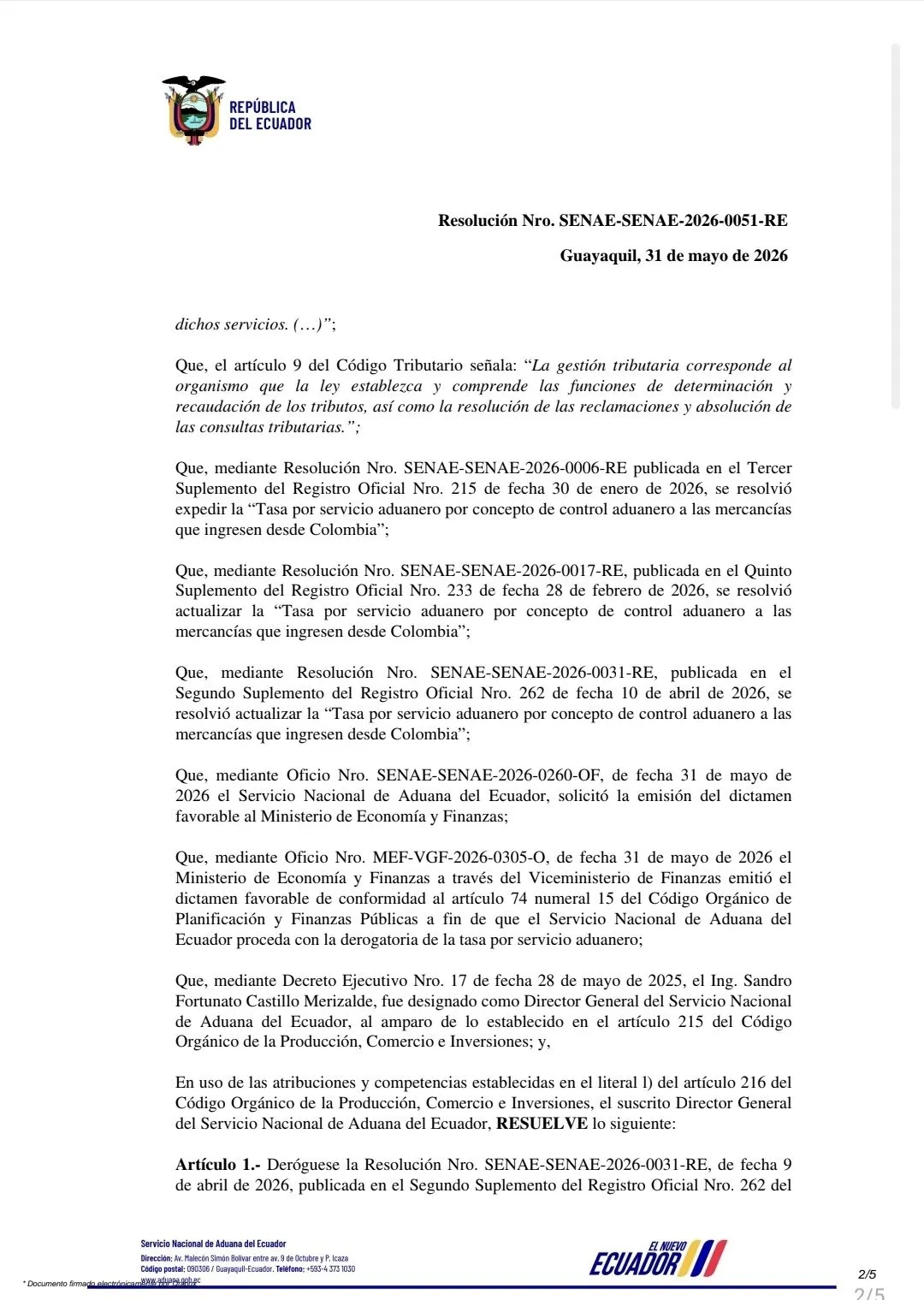 Ecuador confirmó eliminación de la tasa aduanera a las mercancías de Colombia 
