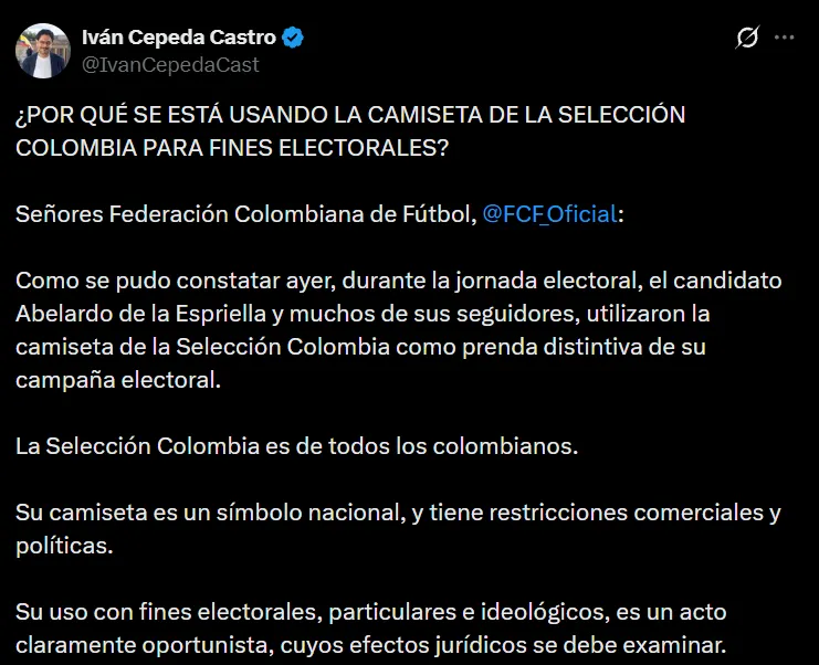 Cepeda cuestionó uso de camiseta de la Selección Colombia y pidió pronunciamiento de la Federación