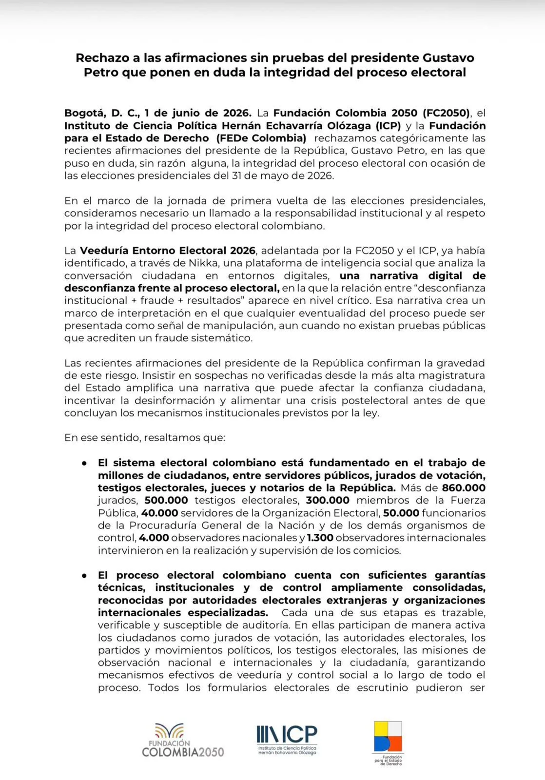 Fundaciones rechazaron señalamientos de Petro sobre presunto fraude electoral y defendieron la transparencia de los comicios