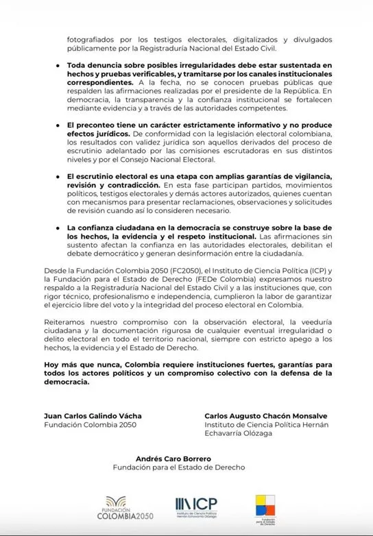 Fundaciones rechazaron señalamientos de Petro sobre presunto fraude electoral y defendieron la transparencia de los comicios