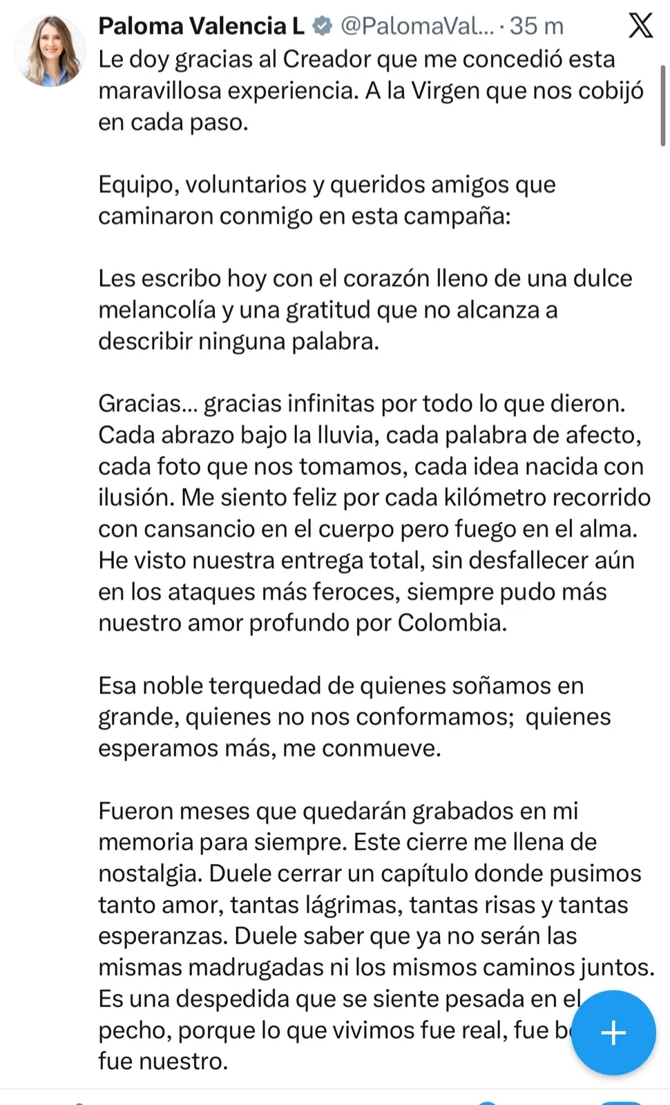 Paloma Valencia agradeció a su equipo tras las elecciones y promete continuar la lucha política: “Lo mejor para Colombia sigue por delante”