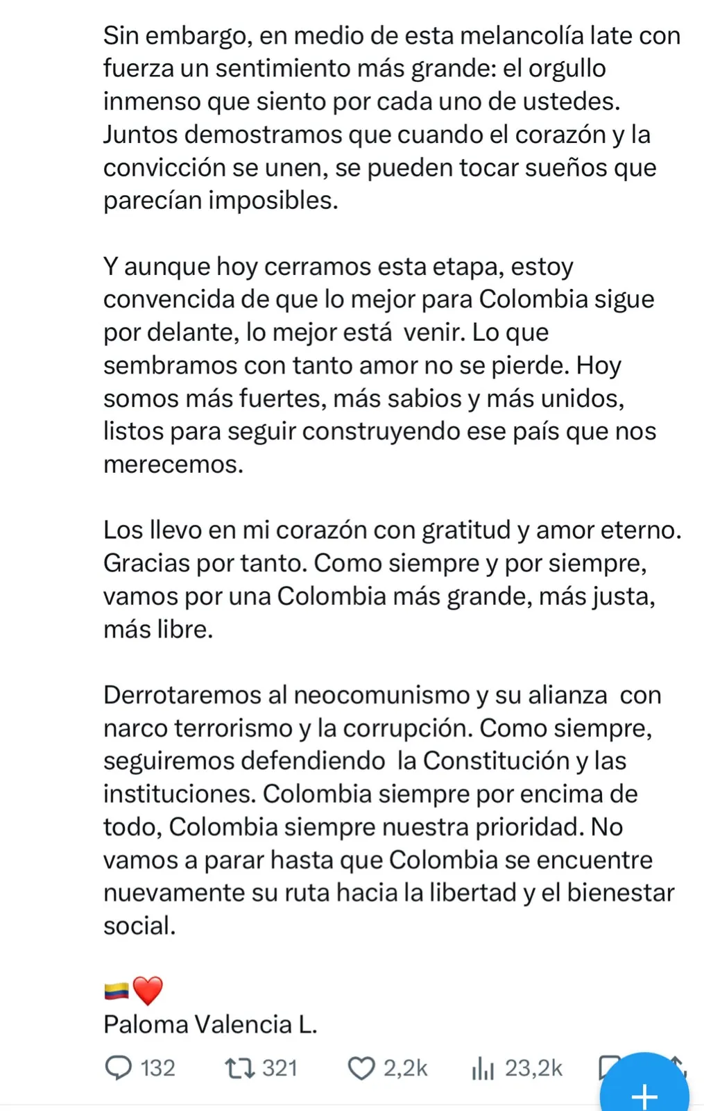Paloma Valencia agradeció a su equipo tras las elecciones y promete continuar la lucha política: “Lo mejor para Colombia sigue por delante”