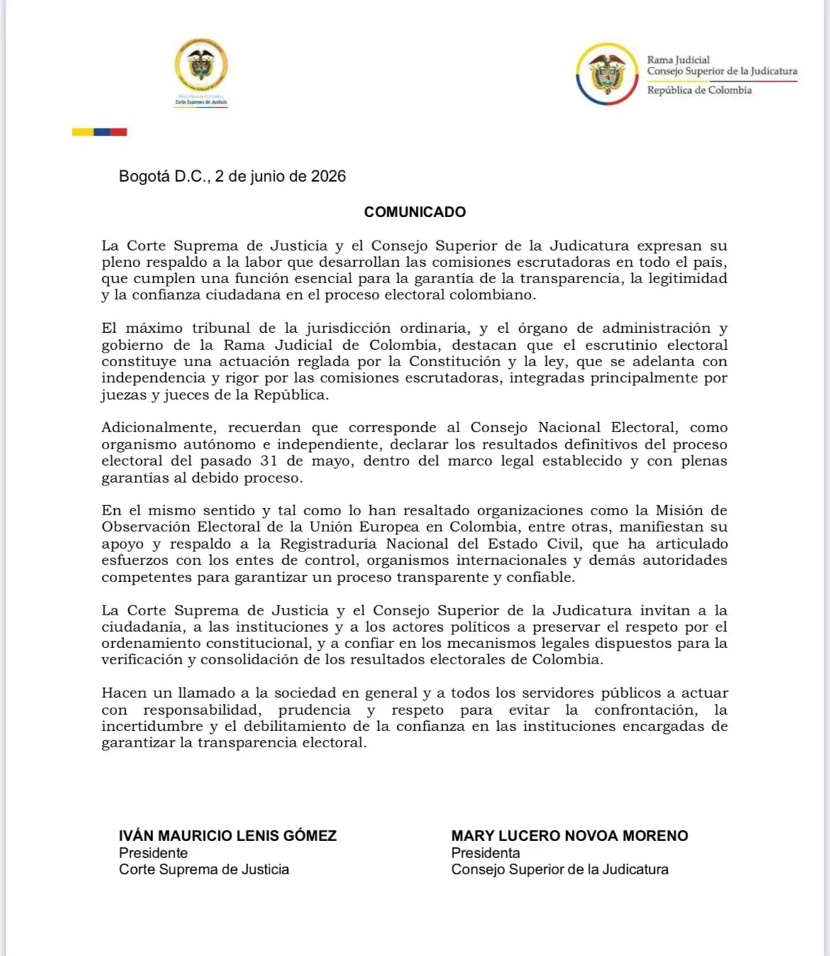 Corte Suprema y Judicatura respaldaron escrutinio electoral y llamaron a la calma institucional tras proceso del 31 de mayo