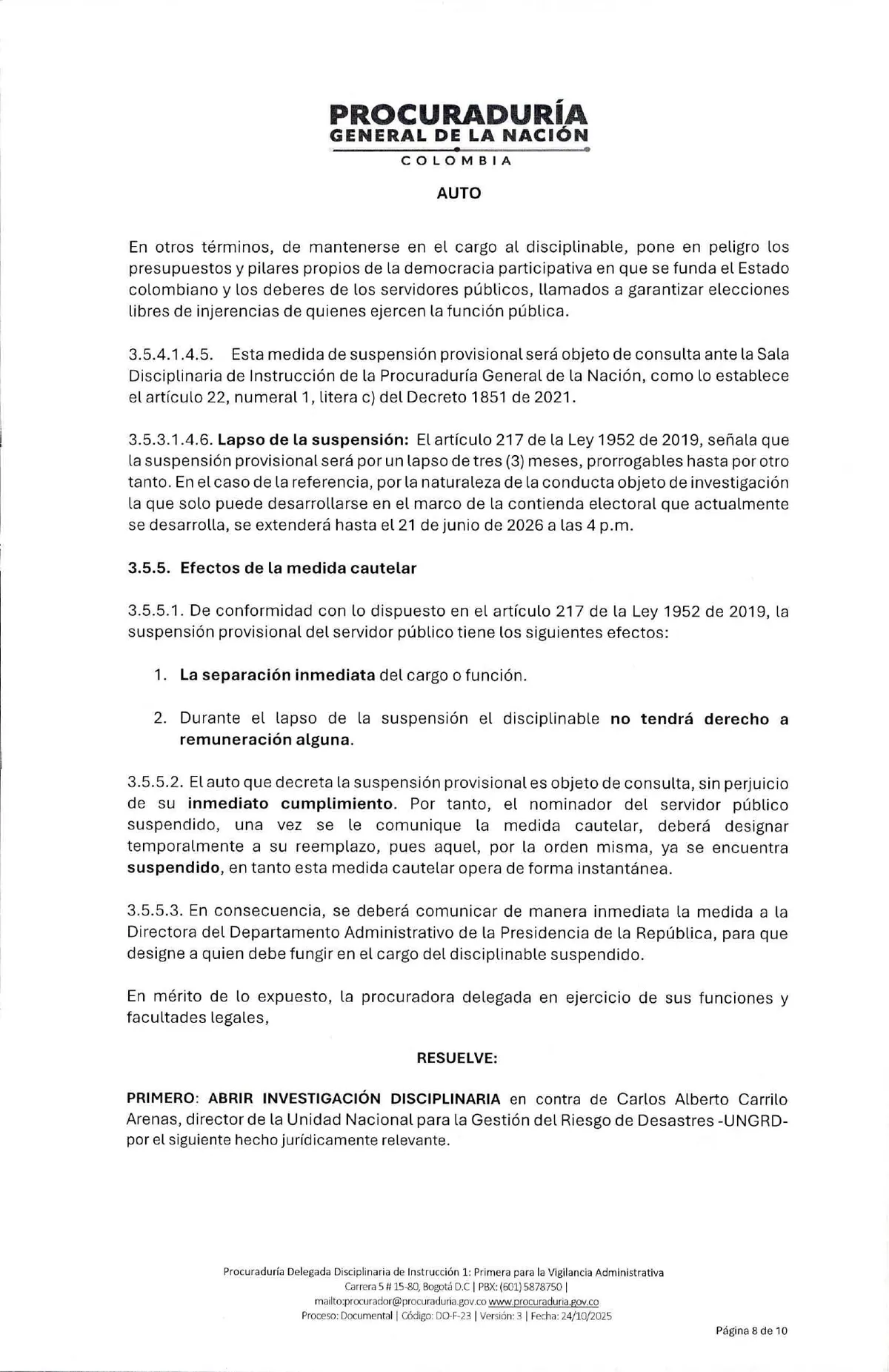 (EN VIDEO) Procuraduría suspendió provisionalmente a Carlos Carrillo y abrió investigación por presunta participación en política