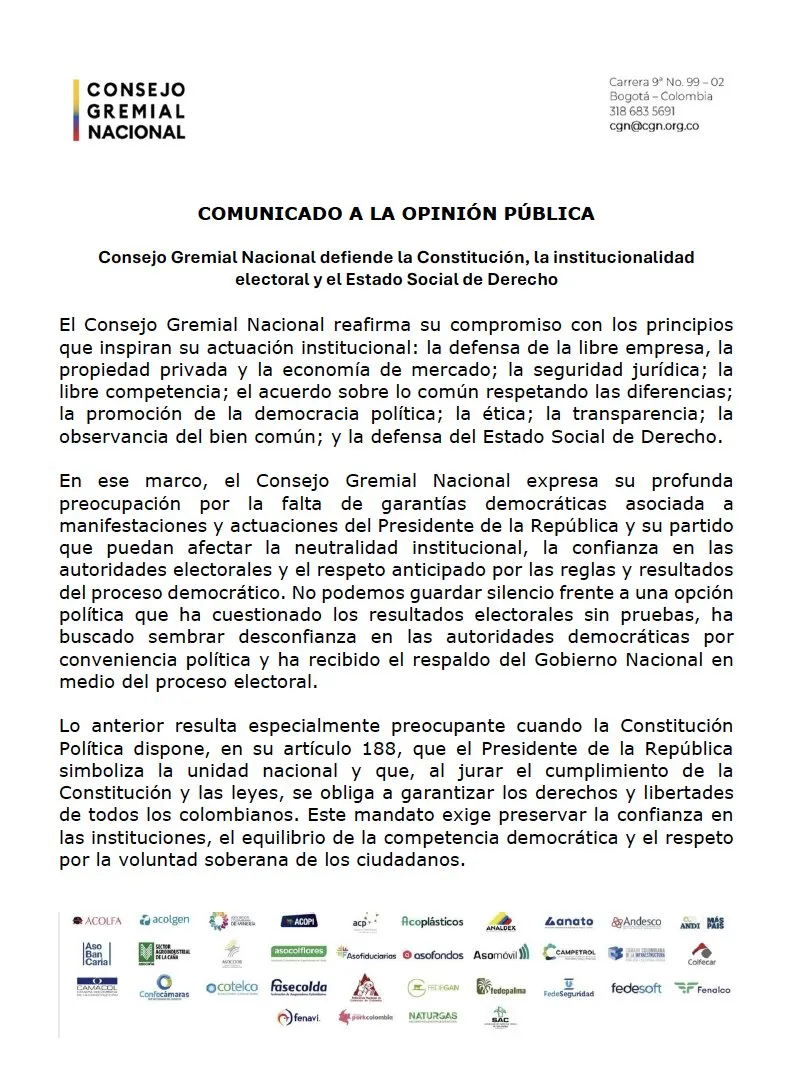Consejo Gremial Nacional no se reunirá con Cepeda si no reconoce resultado de elecciones y manifiesta preocupación por las garantías democráticas