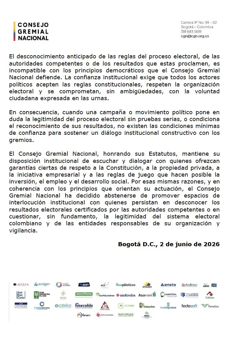 Consejo Gremial Nacional no se reunirá con Cepeda si no reconoce resultado de elecciones y manifiesta preocupación por las garantías democráticas