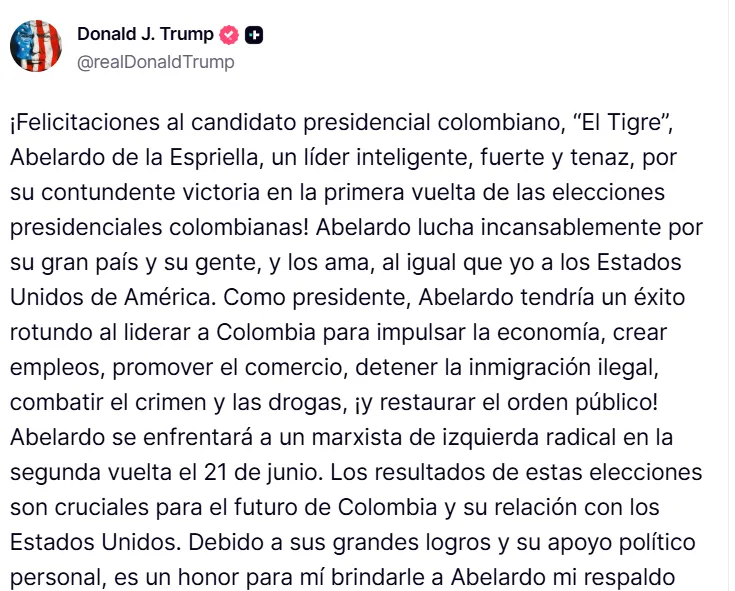 Trump anunció su apoyo a Abelardo “es un honor para mí brindarle a Abelardo mi respaldo total”
