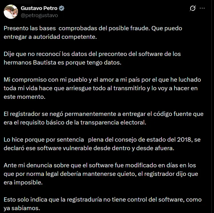 Petro insistió en denuncias sobre el proceso electoral, la Registraduría rechazó acusaciones