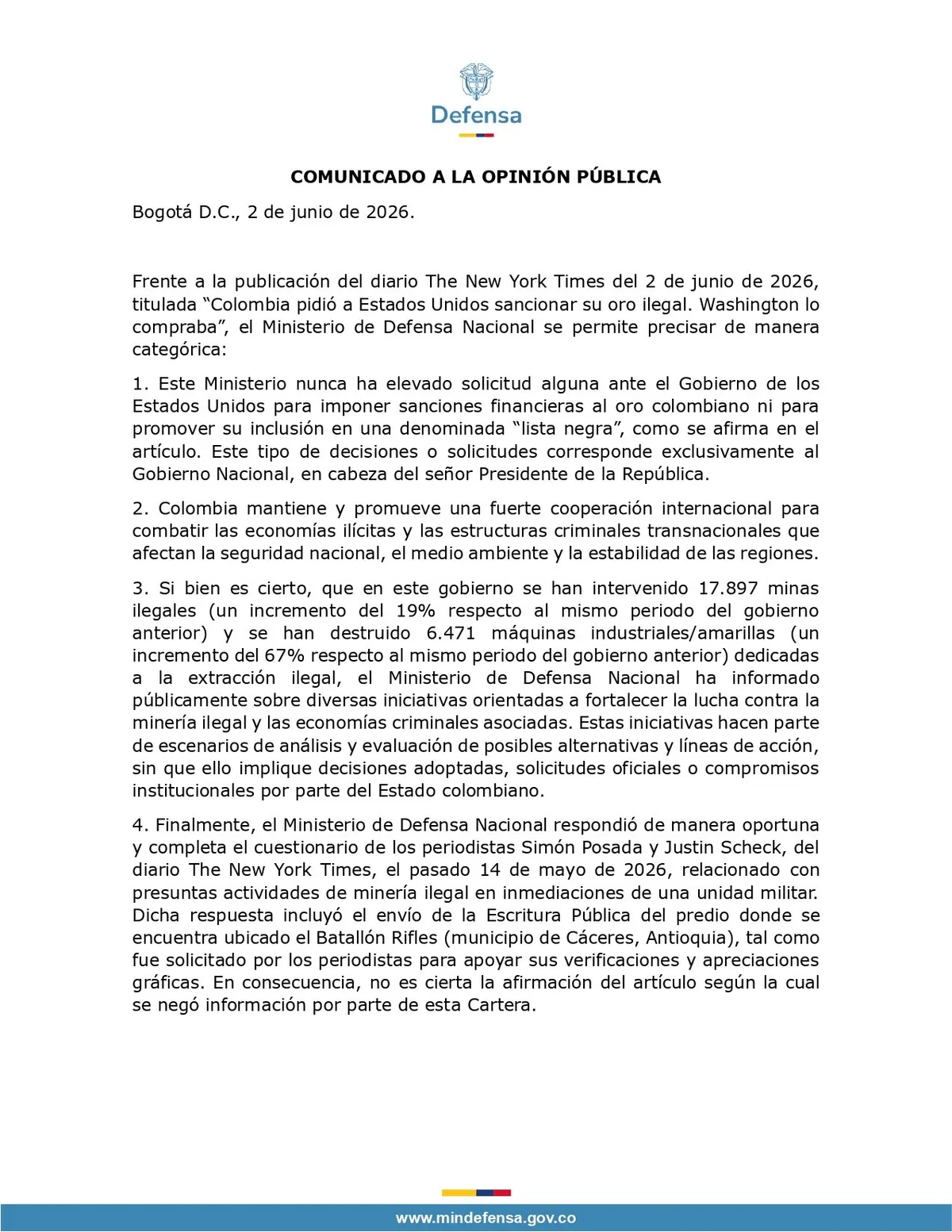 MinDefensa rechazó informe de The New York Times negando haber solicitado sanciones al oro colombiano