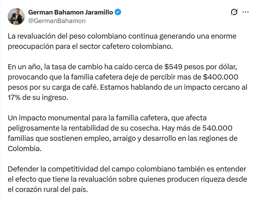 Fedecafé alertó impacto de la revaluación del peso sobre los ingresos de más de 540.000 familias cafeteras