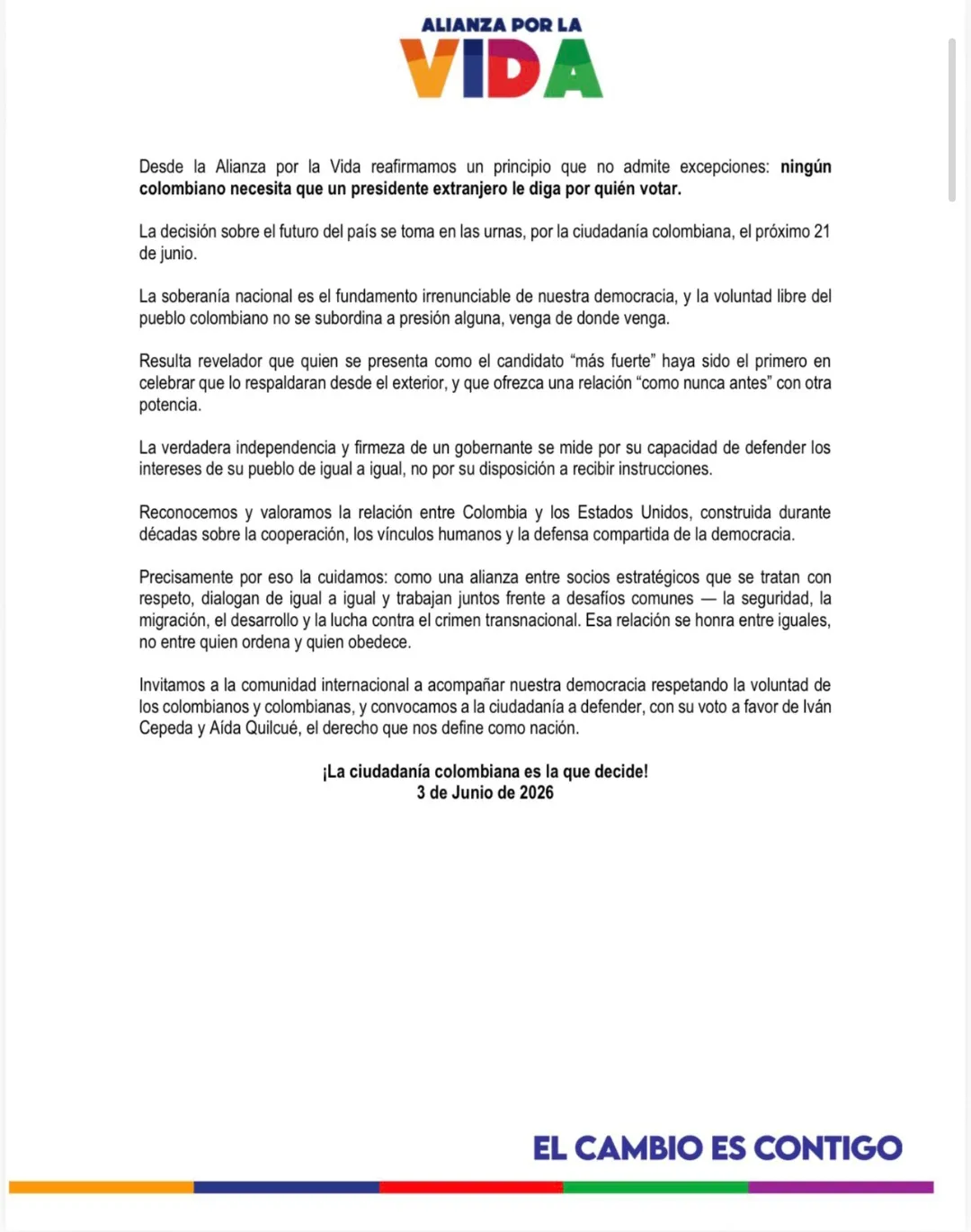 Alianza por la Vida pidió respeto a la soberanía nacional tras apoyo de Trump a De la Espriella
