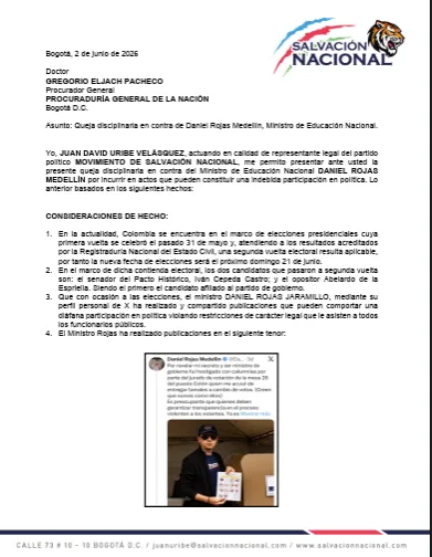 Salvación Nacional pidió a la Procuraduría investigar y suspender al MinEducación por presunta participación en política