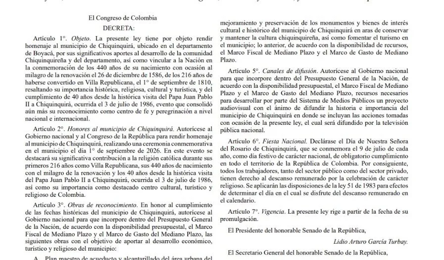 Gobierno sancionó ley que crea nuevo festivo nacional en honor a la Virgen de Chiquinquirá