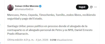 Corte Suprema dejó en firme condena contra Santiago Uribe Vélez por el caso de los ‘Doce Apóstoles’