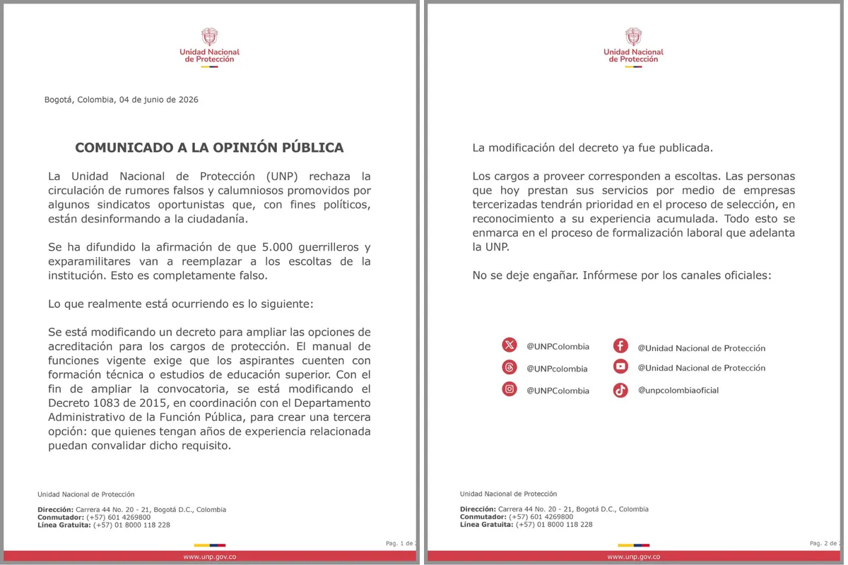 UNP negó versión sobre ingreso de excombatientes a esquemas de protección y explicó cambios en requisitos de vinculación