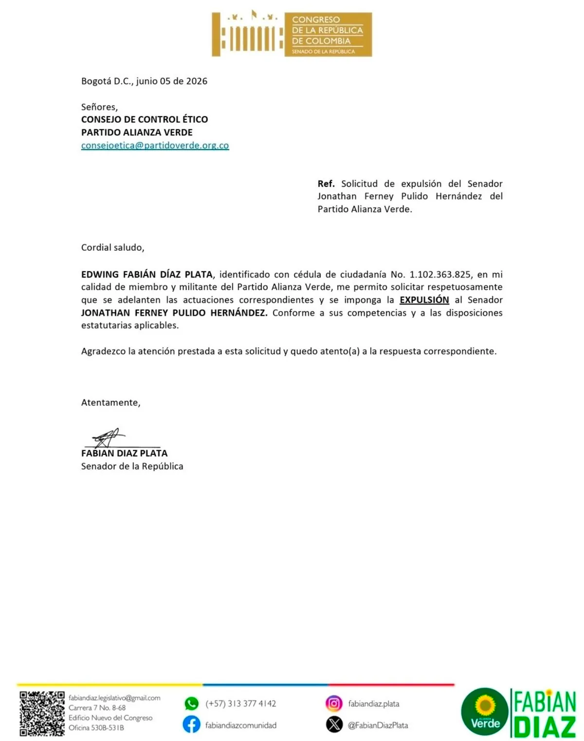 El senador Fabián Díaz Plata pidió la expulsión de Jota Pe Hernández de Alianza Verde