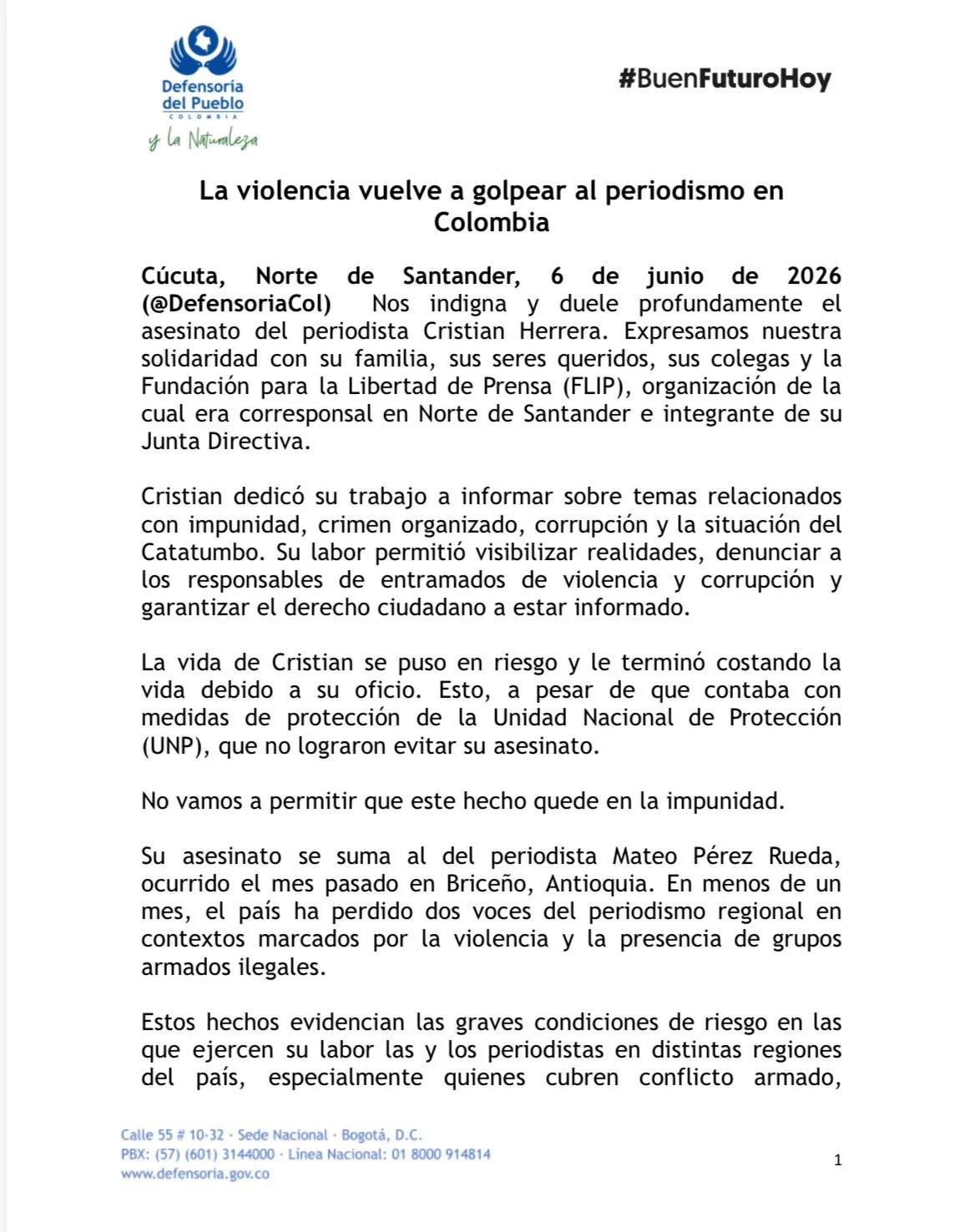 Defensoría del Pueblo rechazó el asesinato de Cristian Herrera y pidió celeridad en la investigación