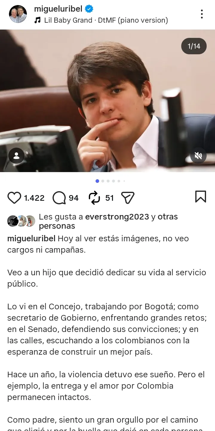 “Así siempre te recordaré, hijo mío”: el emotivo mensaje del padre de Miguel Uribe Turbay al cumplirse un año de su magnicidio