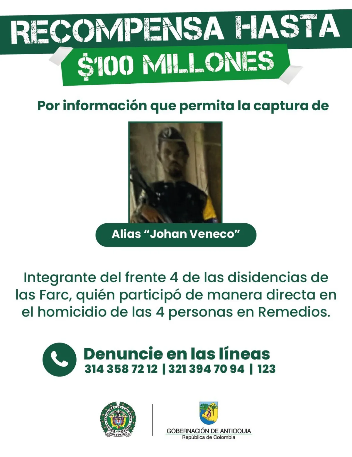 Gobernación de Antioquia ofreció hasta $400 millones en recompensas por responsables del asesinato de cuatro campesinos en Remedios