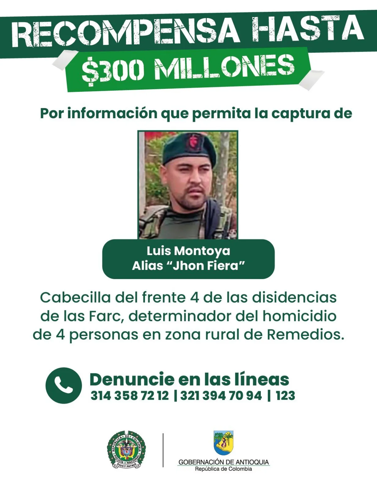 Gobernación de Antioquia ofreció hasta $400 millones en recompensas por responsables del asesinato de cuatro campesinos en Remedios