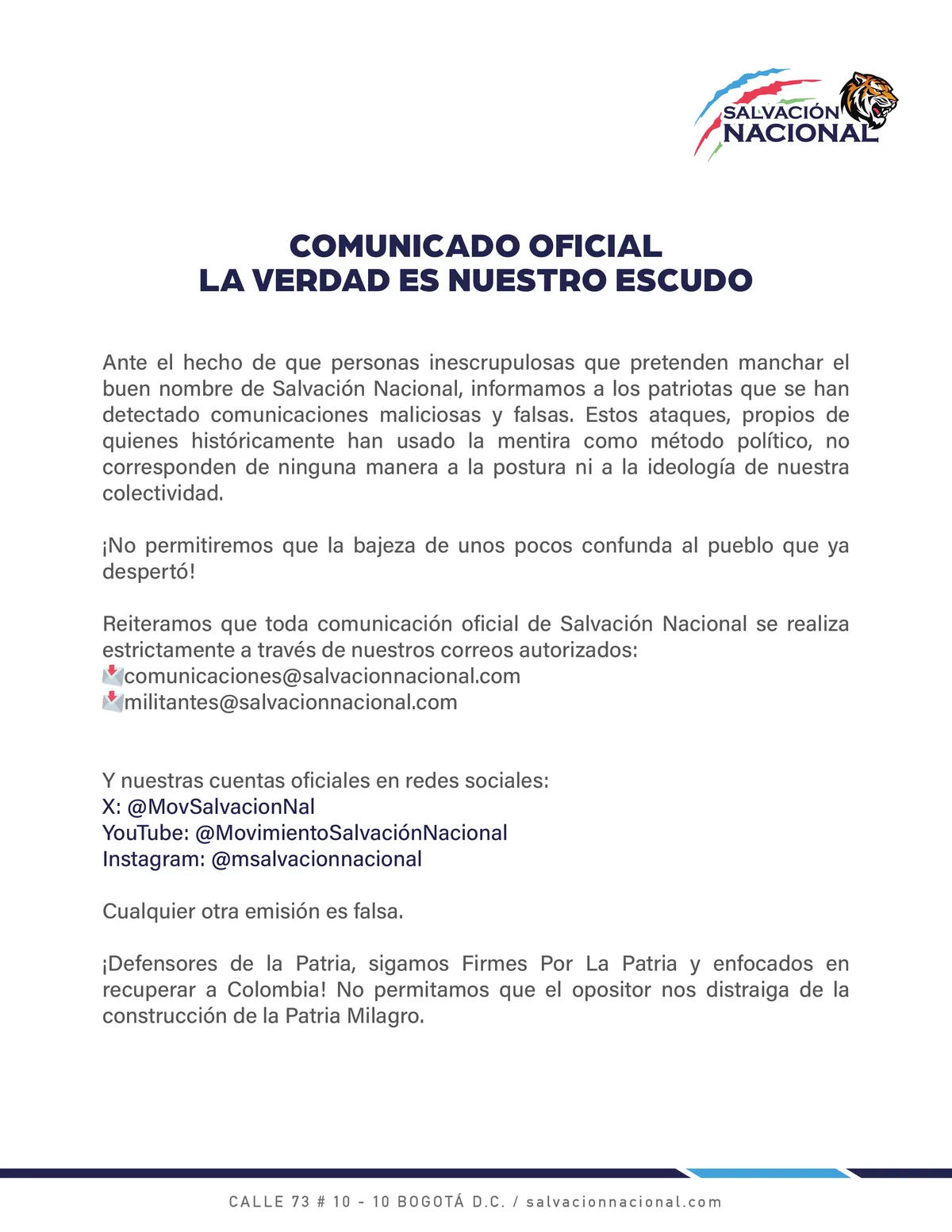 Salvación Nacional denunció circulación de comunicaciones falsas