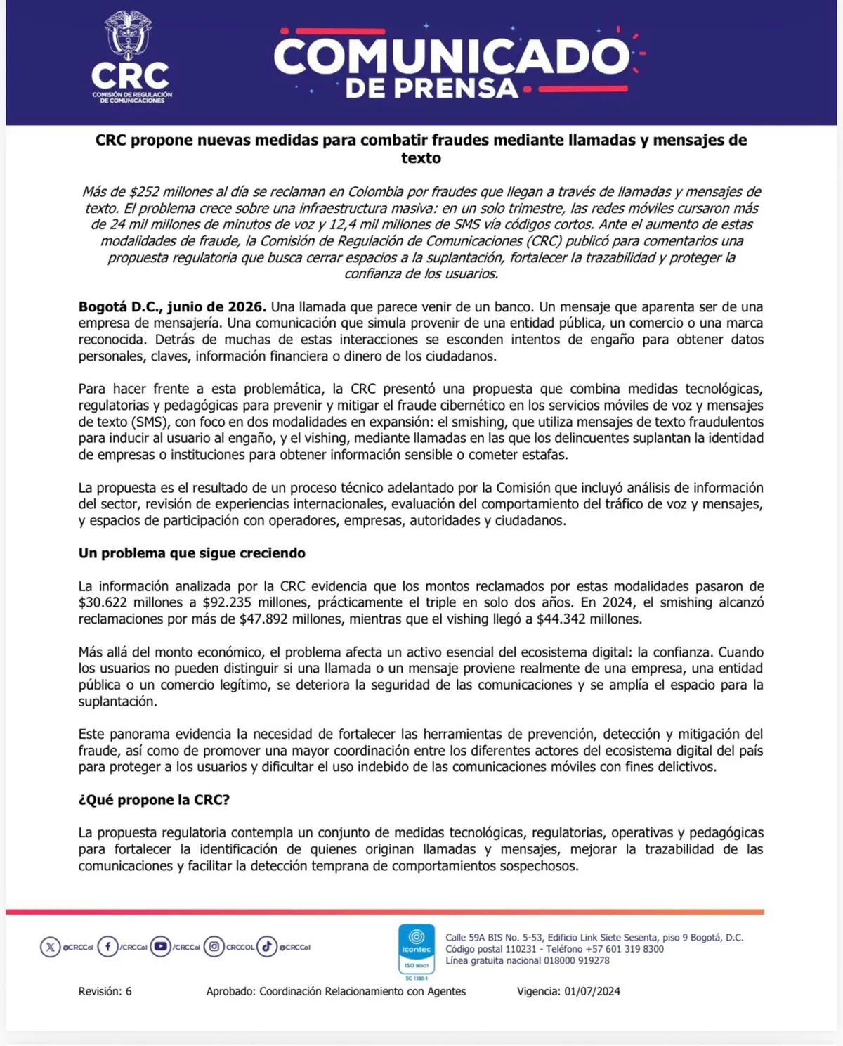 CRC planteó medidas contra fraudes por llamadas y mensajes ante aumento de casos en Colombia