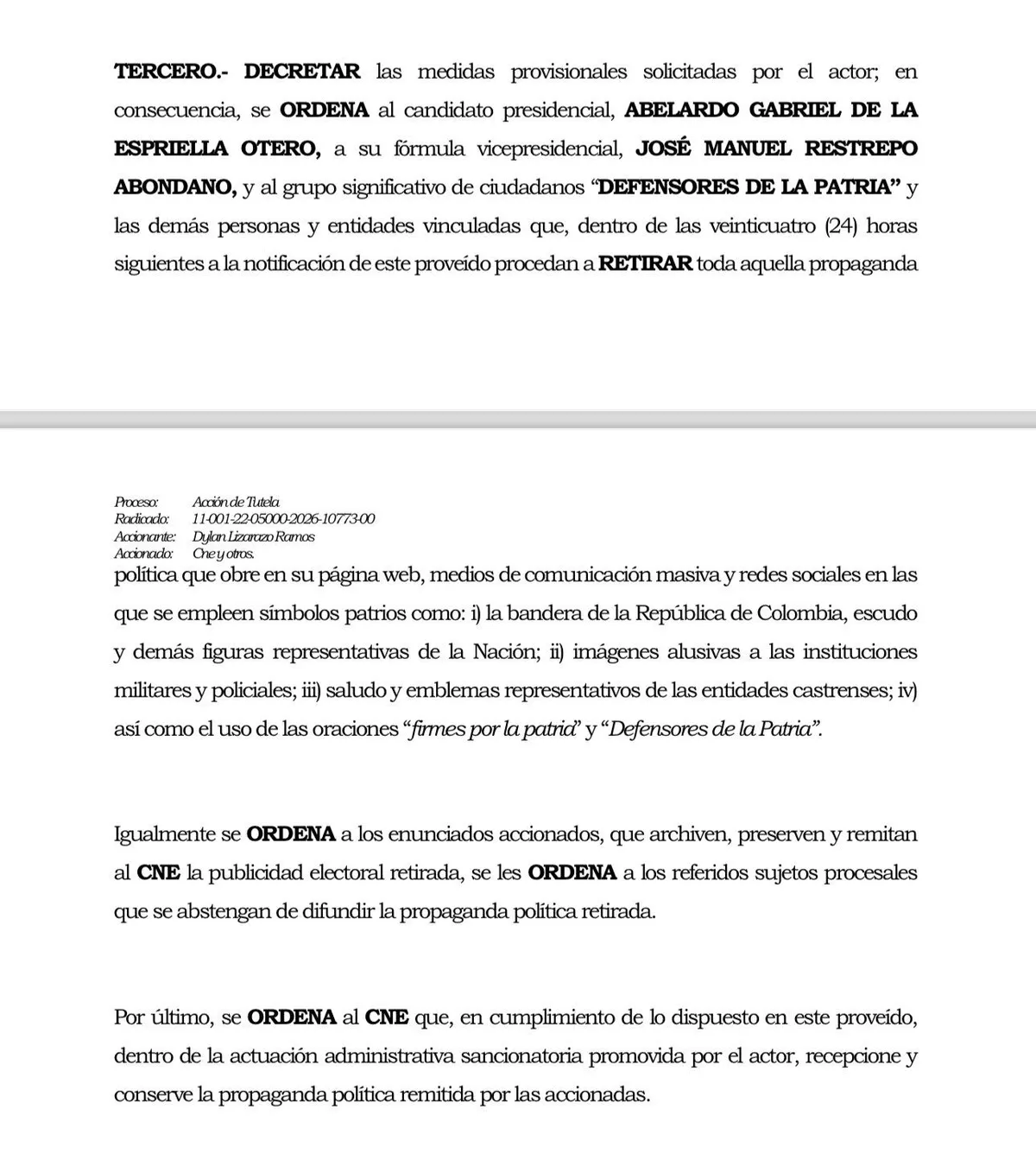 Tribunal de Bogotá ordenó retirar propaganda de “Defensores de la Patria” por uso de símbolos patrios y referencias a instituciones militares